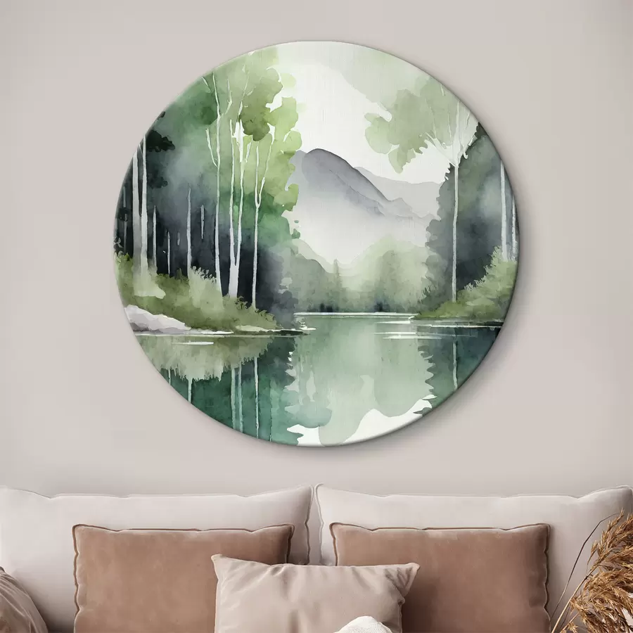 murales de pared Acuarela paisaje de lago y bosque, primavera, verde natural colores suaves r36503