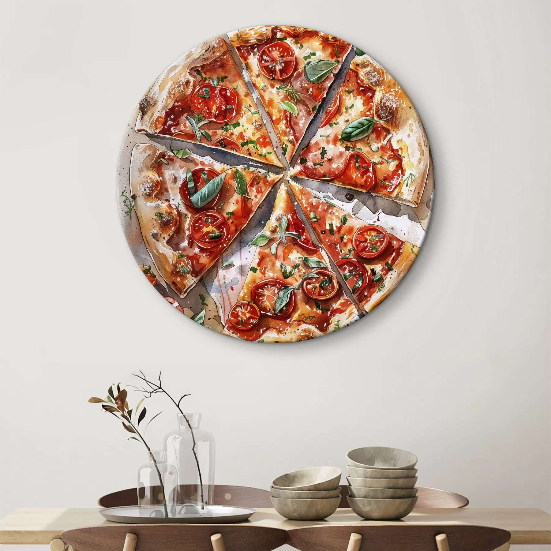 murales de pared Pizza acuarela, deliciosa, tomates y queso, arte alimentario, mesa de madera r39704