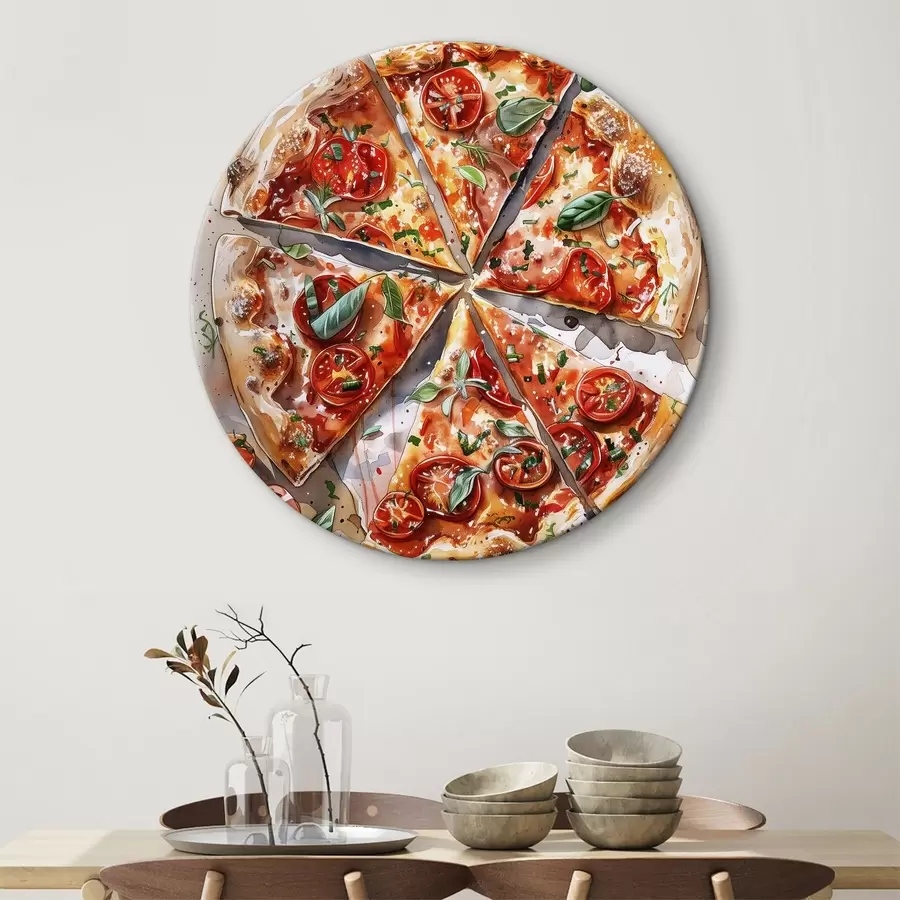murales de pared Pizza acuarela, deliciosa, tomates y queso, arte alimentario, mesa de madera r39704
