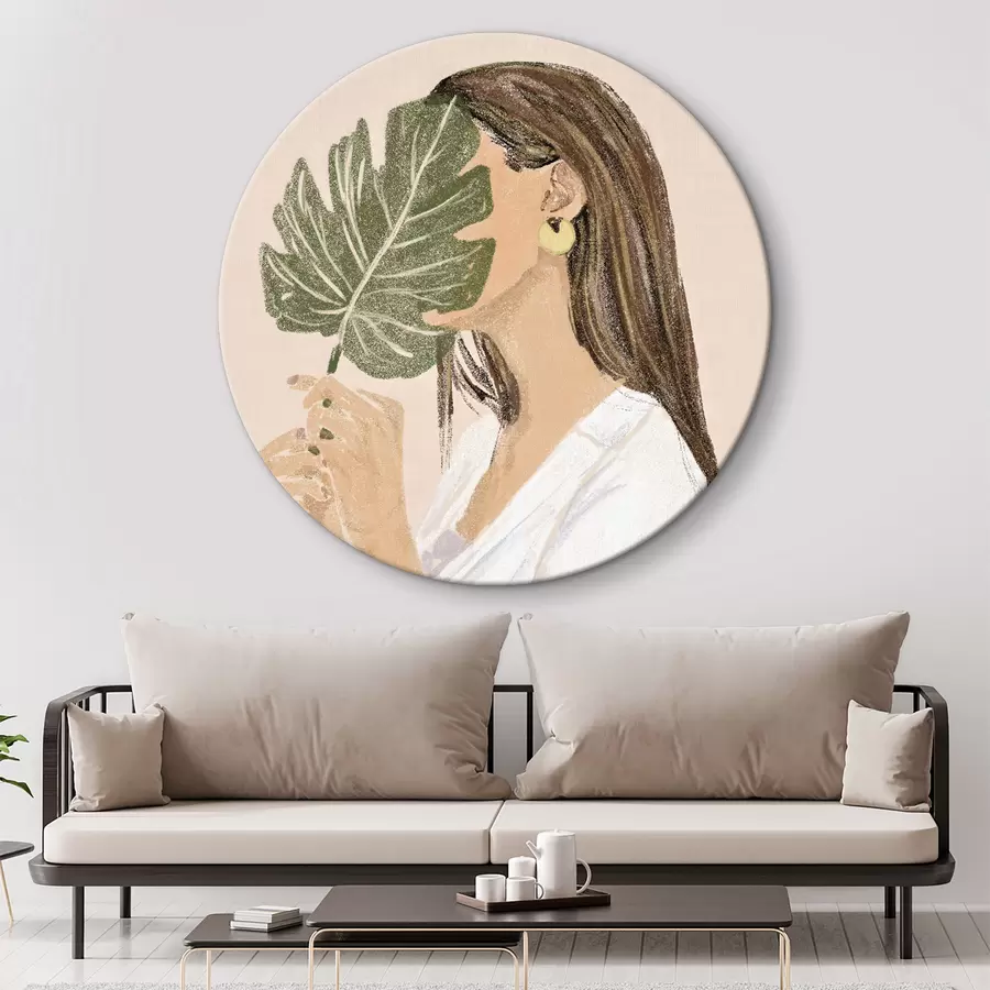 murales de pared Mujer con hoja tropical y elegancia natural r35800