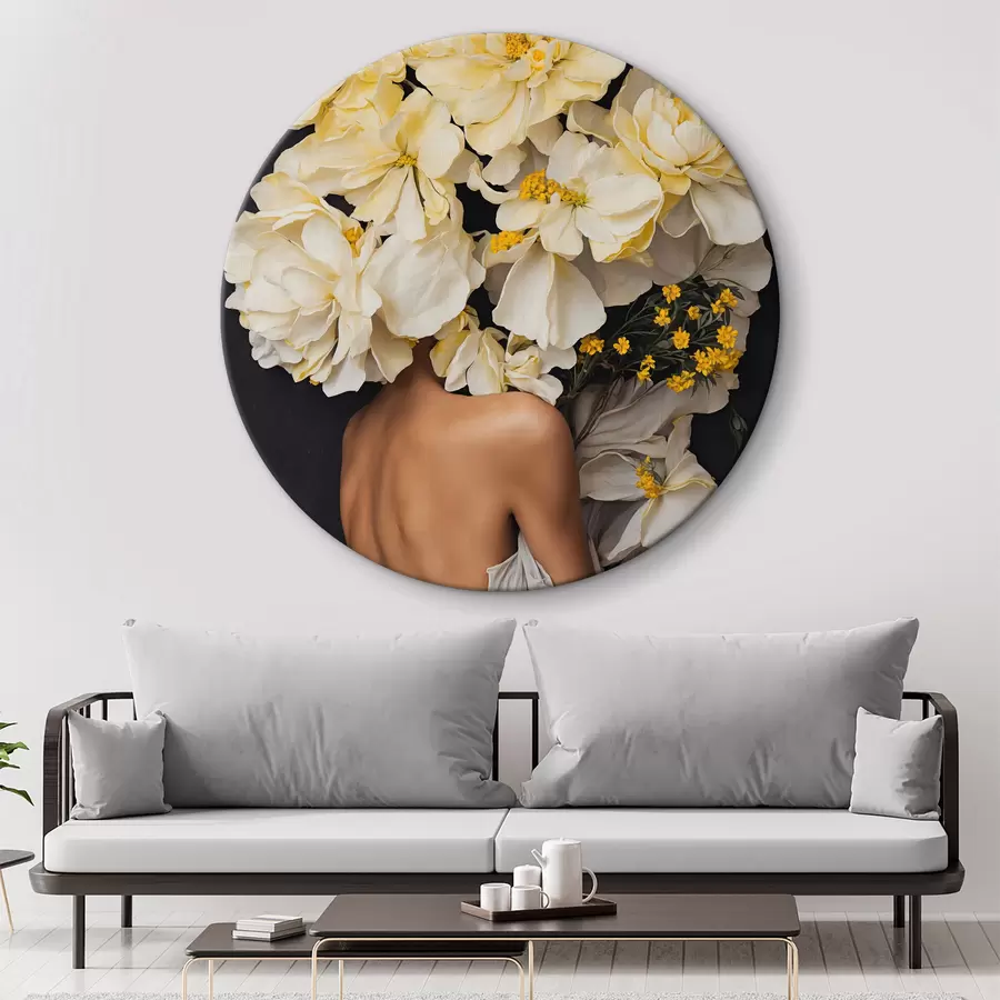 murales de pared Mujer con flores amarillas sobre fondo negro r37162