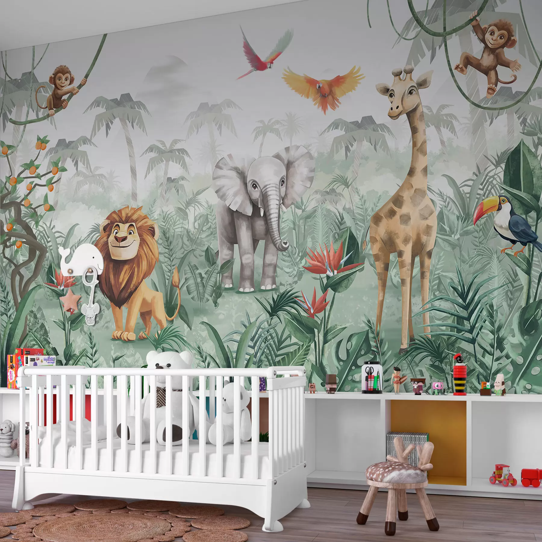 murales de pared Diseño infantil selvático con león, jirafa, elefante y loros w02440