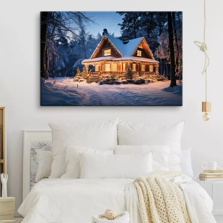 murales de pared acogedora casa en el bosque en invierno s41997