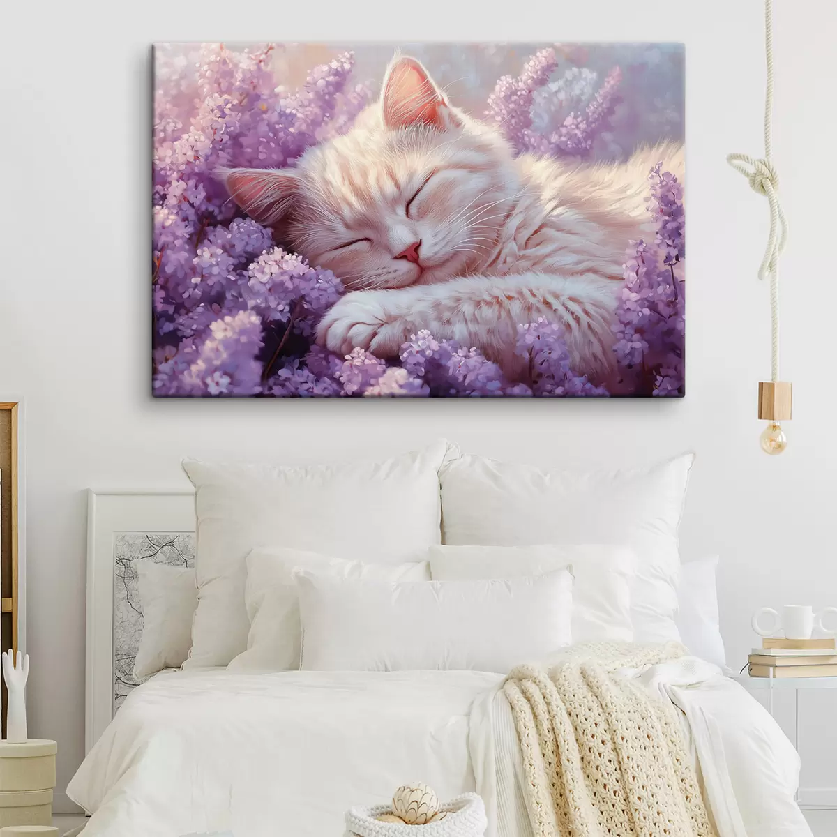 murales de pared gato tumbado sobre flores moradas s42012