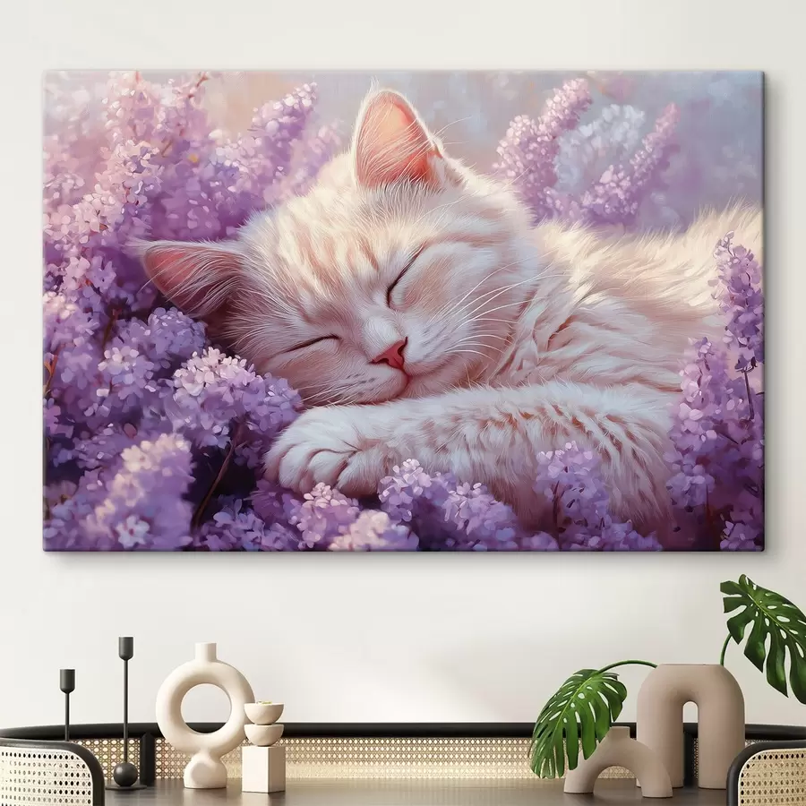 murales de pared gato tumbado sobre flores moradas s42012