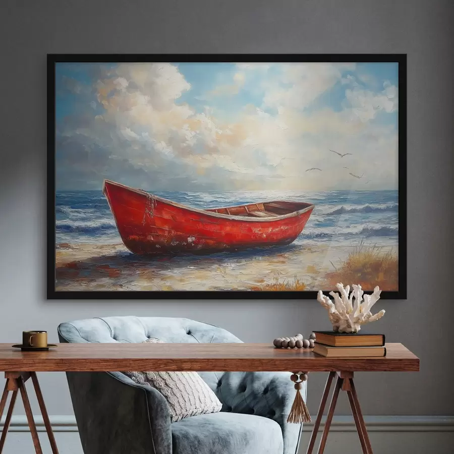 murales de pared barco rojo junto al mar al óleo f42009