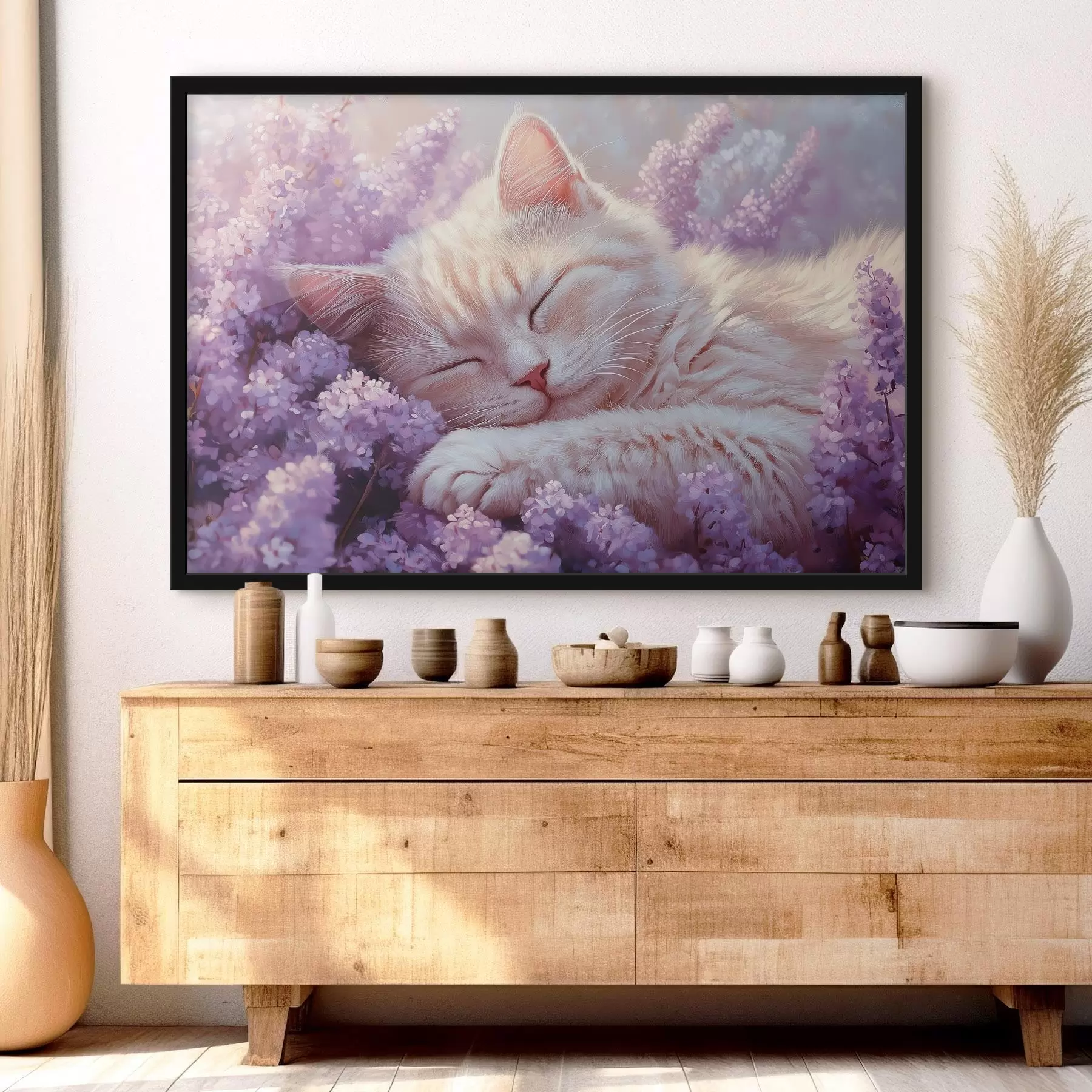 murales de pared gato tumbado sobre flores moradas f42012