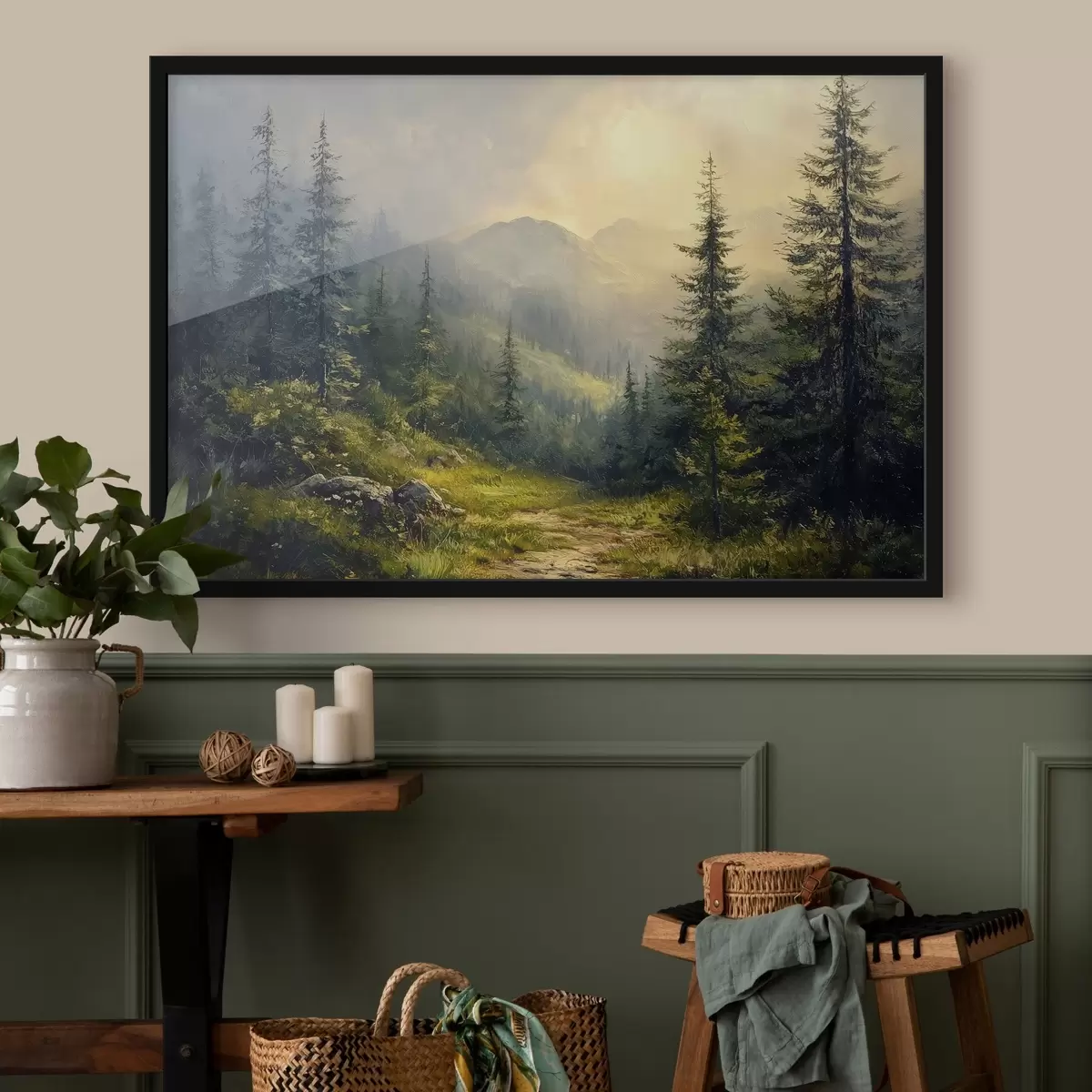 Poster montañas en la niebla y árboles f42019