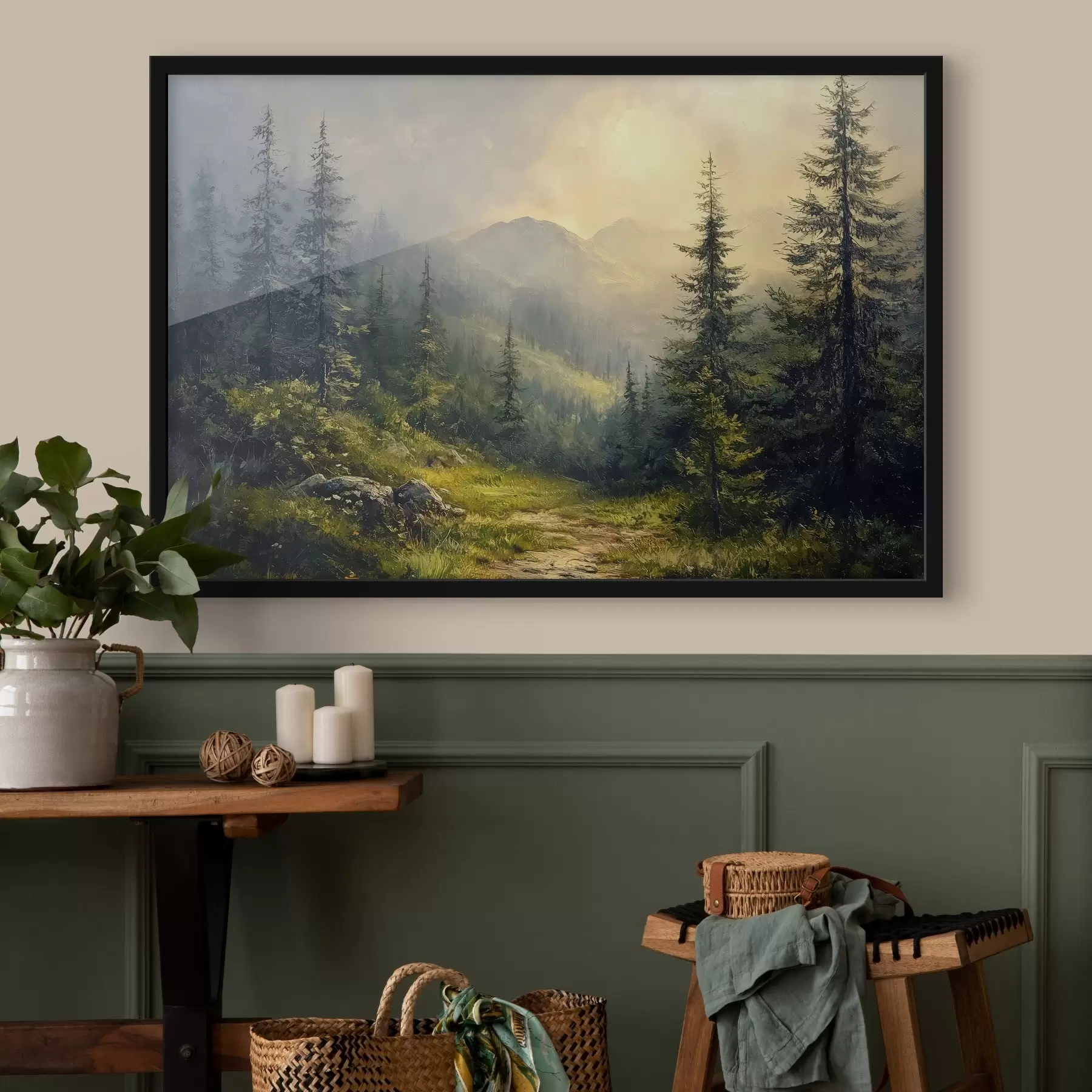 murales de pared montañas en la niebla y árboles f42019