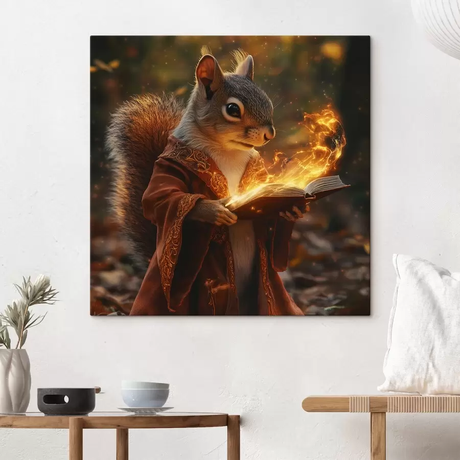 murales de pared Una ardilla maga mística con una túnica de mago y un tomo mágico en las manos s41983
