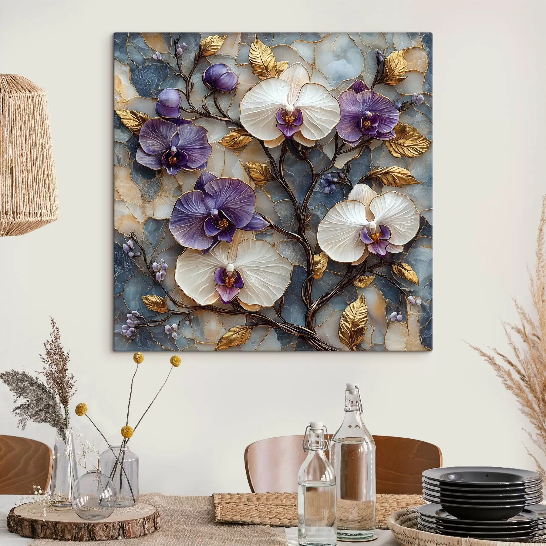 murales de pared Elegantes orquídeas sobre un lujoso fondo de mármol s41985