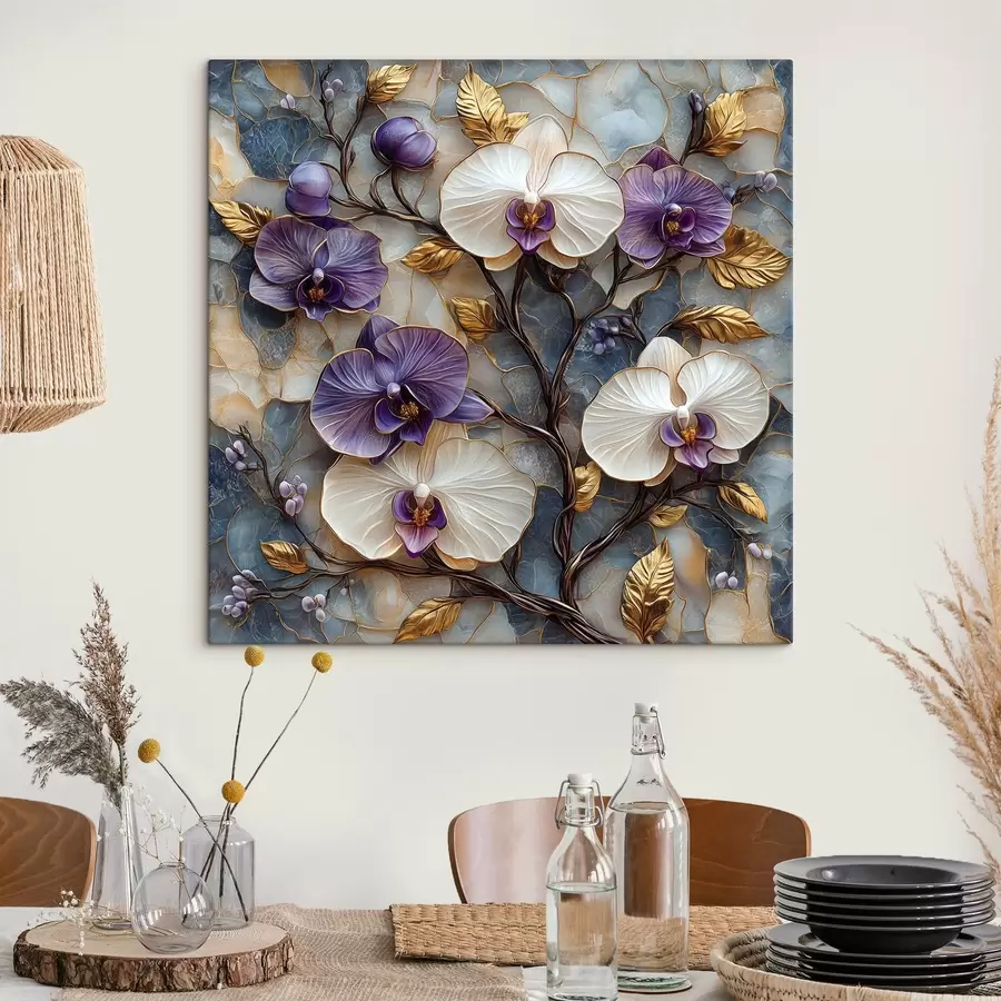 murales de pared Elegantes orquídeas sobre un lujoso fondo de mármol s41985