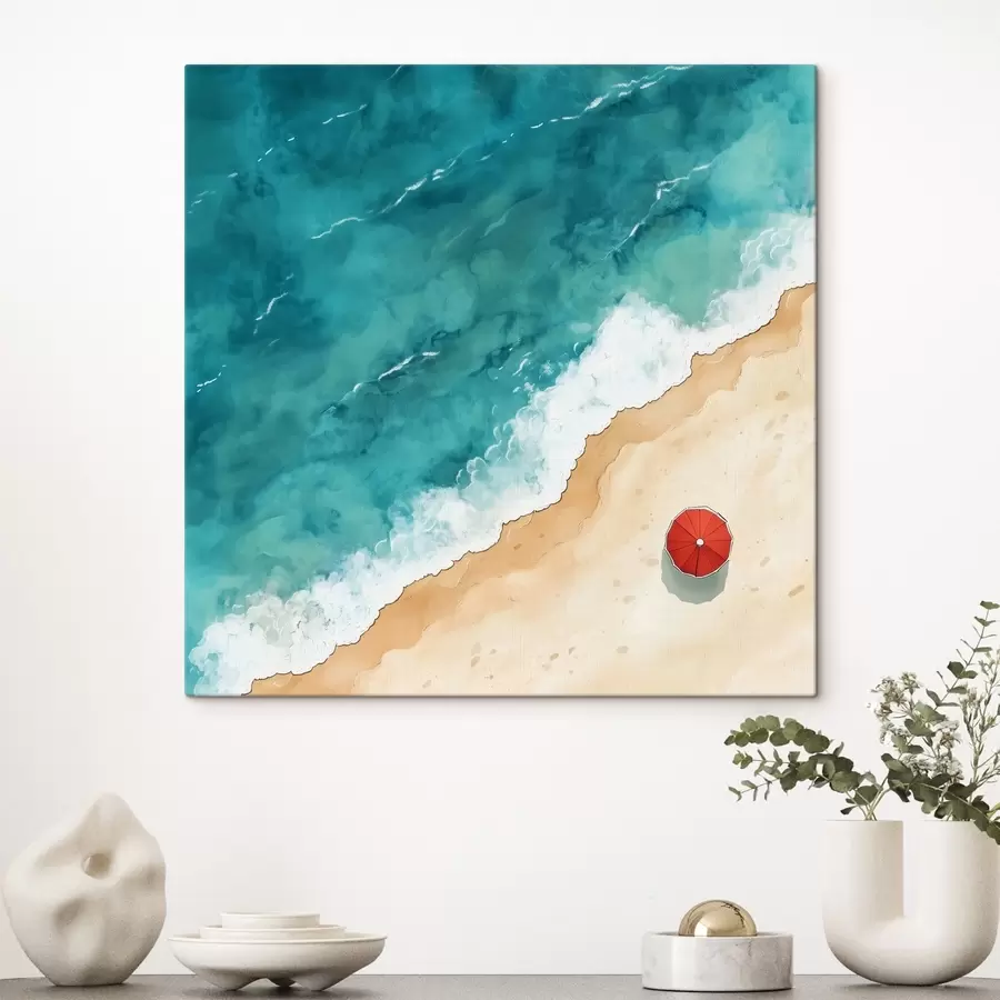 murales de pared Una playa de arena con el mar y una sombrilla roja, vista superior s42040
