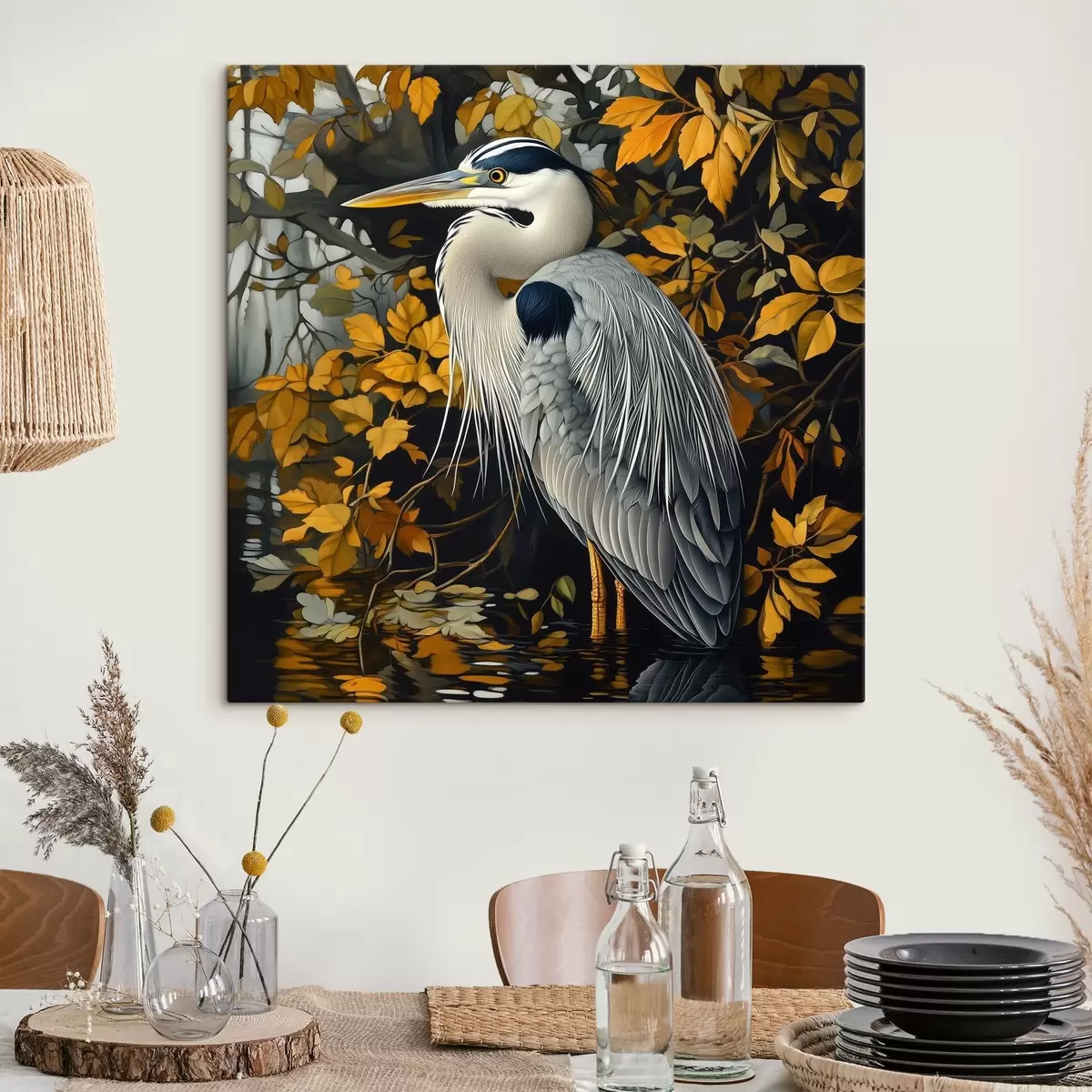 murales de pared Una garza en el agua sobre un fondo de hojas otoñales s42041