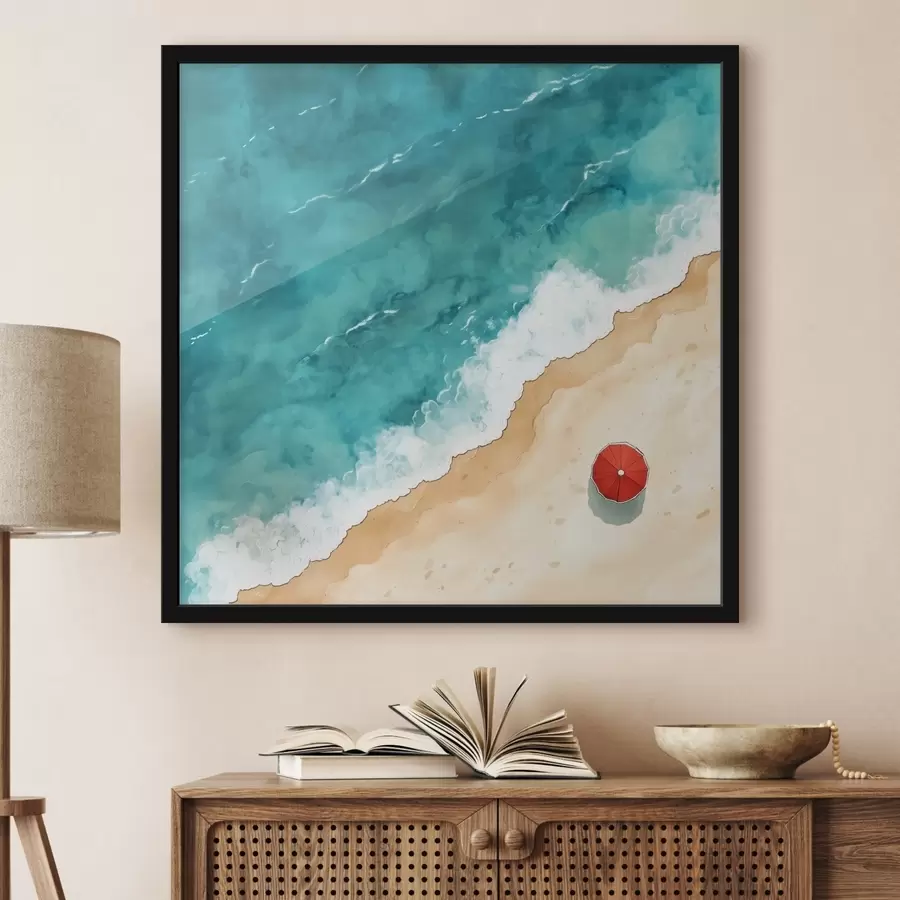 murales de pared Una playa de arena con el mar y una sombrilla roja, vista superior f42040