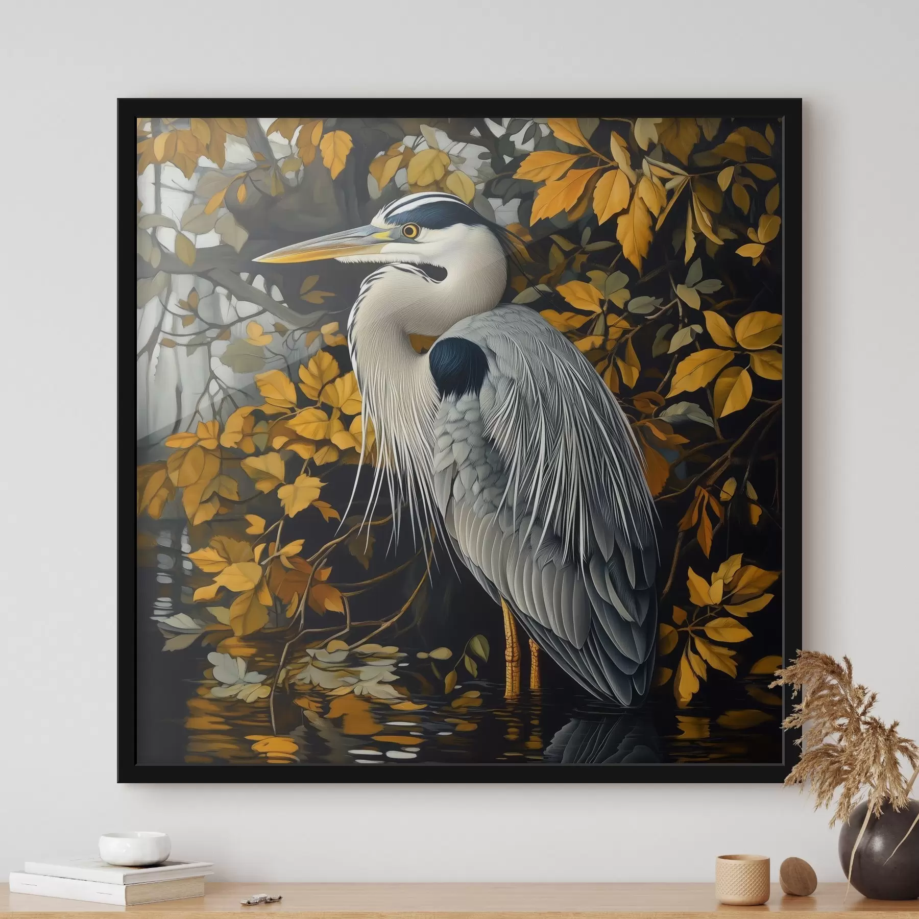 murales de pared Una garza en el agua sobre un fondo de hojas otoñales f42041