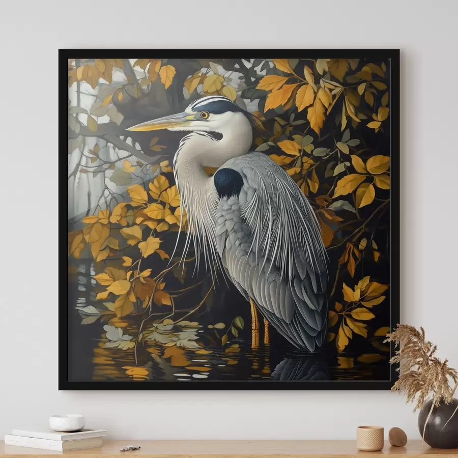murales de pared Una garza en el agua sobre un fondo de hojas otoñales f42041
