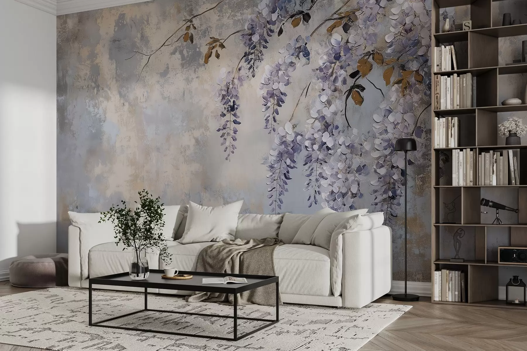 murales de pared papel pintado texturizado en colores suaves y apagados con delicadas flores y ramas de glicinia w02451