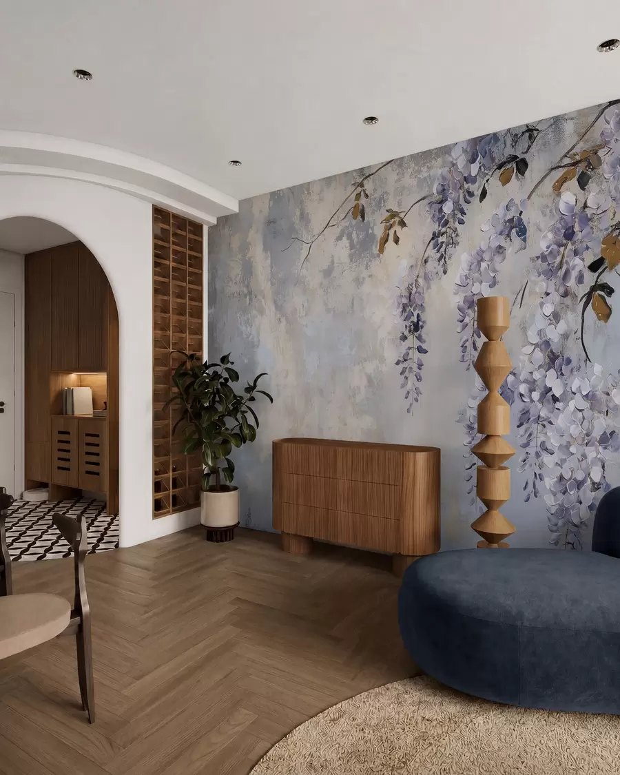 murales de pared papel pintado texturizado en colores suaves y apagados con delicadas flores y ramas de glicinia w02451