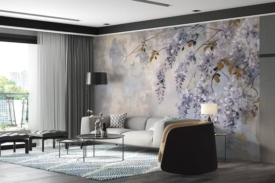 murales de pared papel pintado texturizado en colores suaves y apagados con delicadas flores y ramas de glicinia w02451