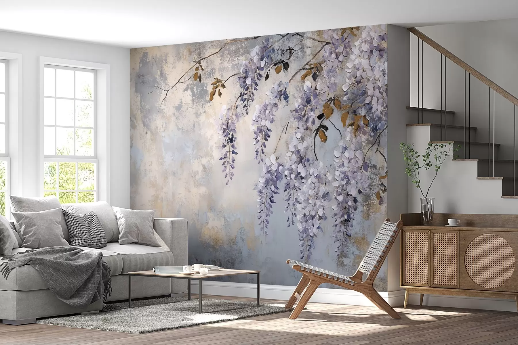 murales de pared papel pintado texturizado en colores suaves y apagados con delicadas flores y ramas de glicinia. w02451