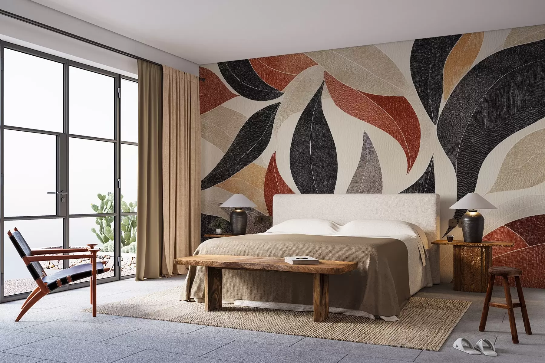 murales de pared hojas abstractas en una paleta de tonos terrosos: beige, terracota y gris oscuro. w02452