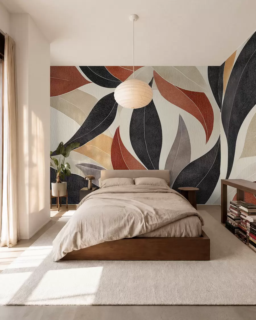 murales de pared hojas abstractas en una paleta de tonos terrosos: beige, terracota y gris oscuro w02452