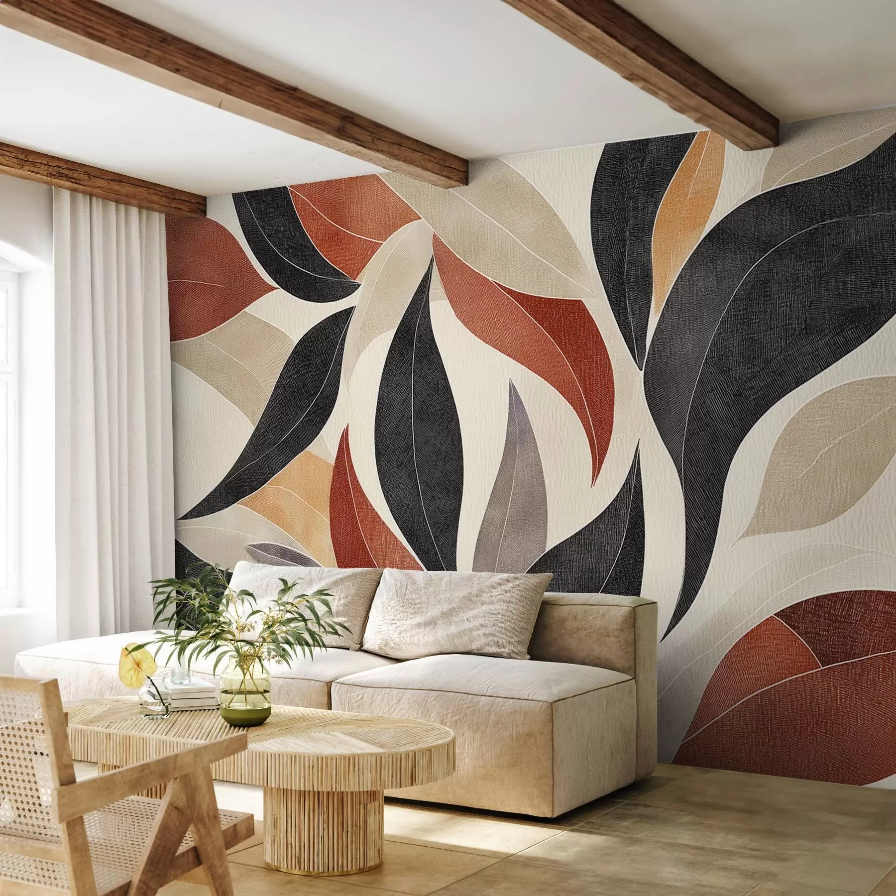 murales de pared hojas abstractas en una paleta de tonos terrosos: beige, terracota y gris oscuro. w02452