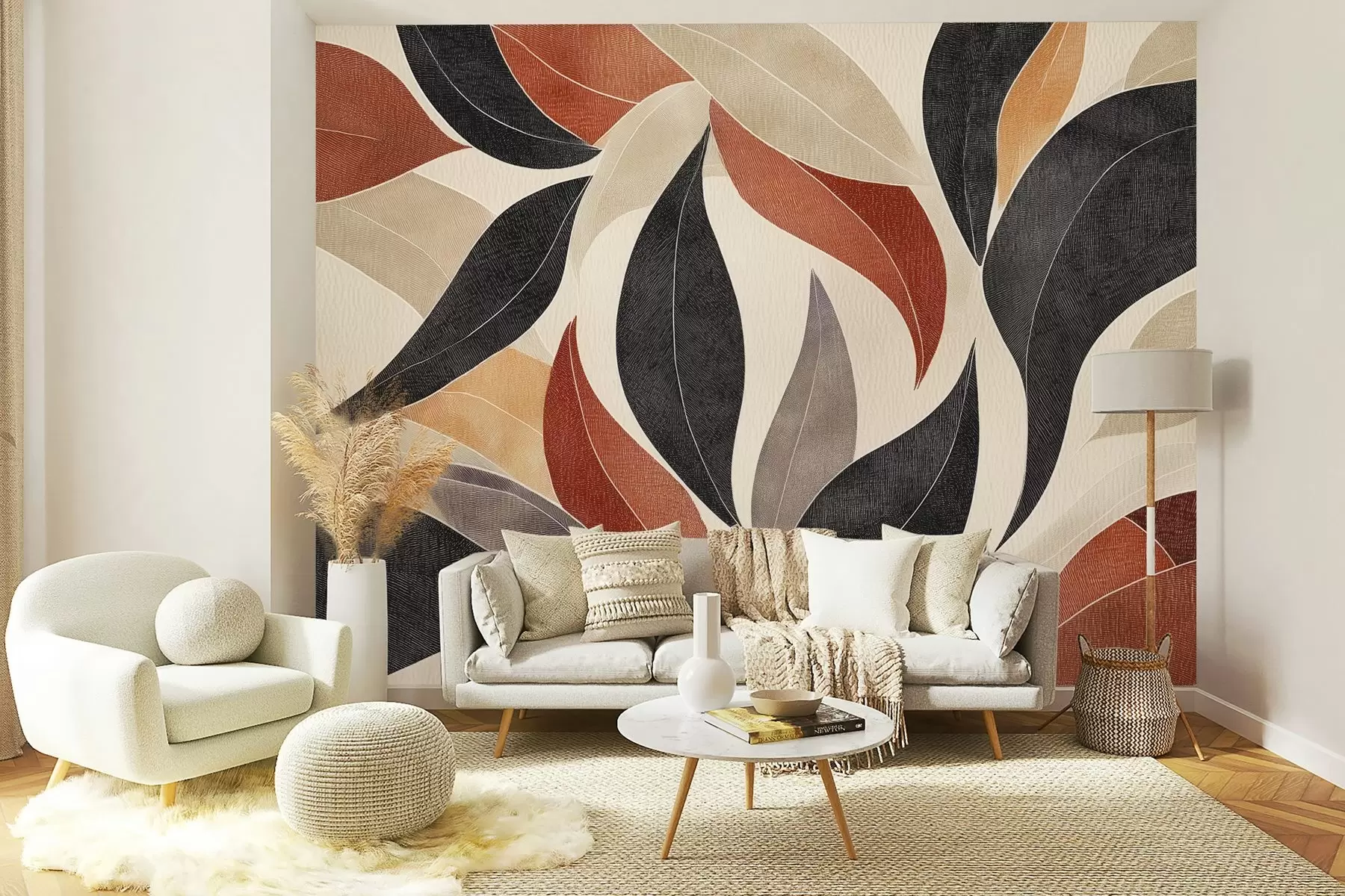 murales de pared hojas abstractas en una paleta de tonos terrosos: beige, terracota y gris oscuro. w02452