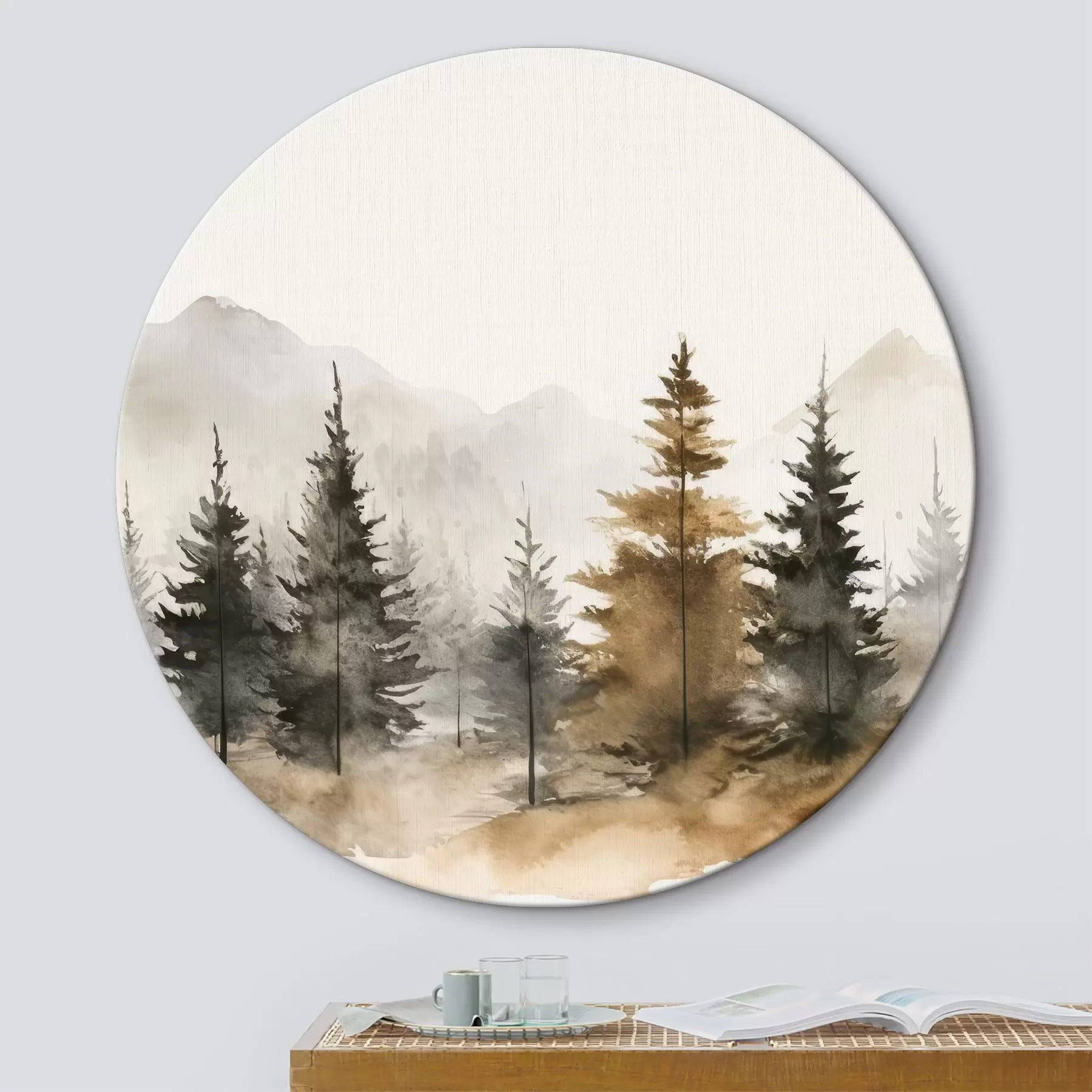 murales de pared Acuarela de abetos sobre fondo de montañas r36010