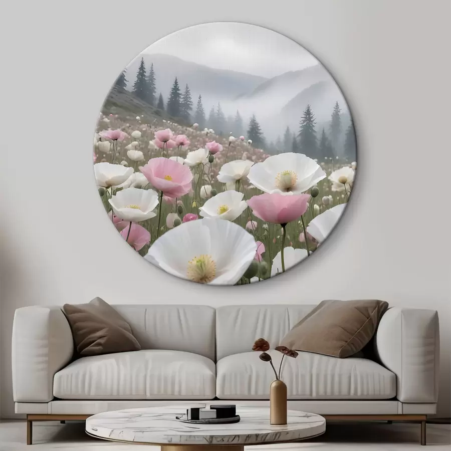 murales de pared Un campo de amapolas rosas y blancas en el paisaje montañoso al fondo r38369