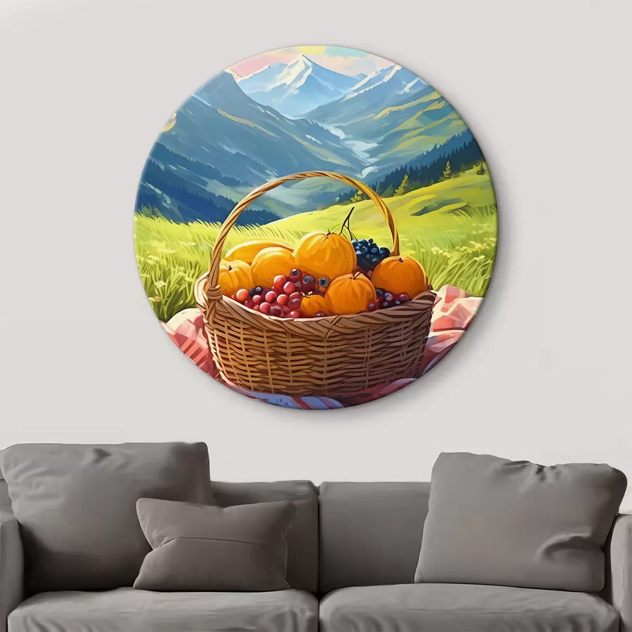 murales de pared una cesta de frutas en un prado en las montañas r38654
