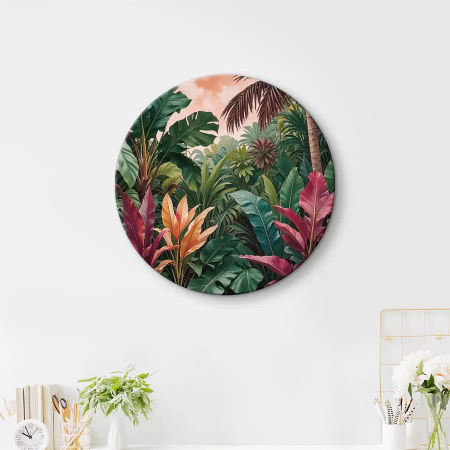 murales de pared Una exuberante selva tropical con hojas verdes vibrantes, hojas de palmeras y flores coloridas r38817
