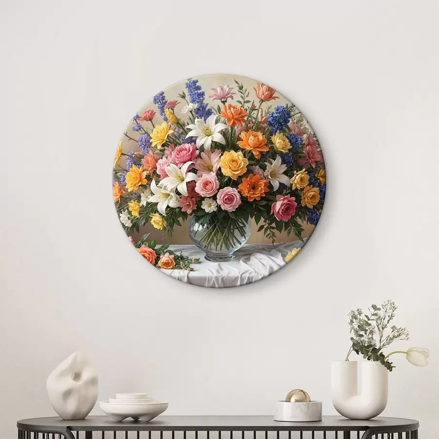 murales de pared Un vibrante ramo de varias flores de colores en un jarrón de vidrio sobre un mantel blanco, pintura artística vintage r38825