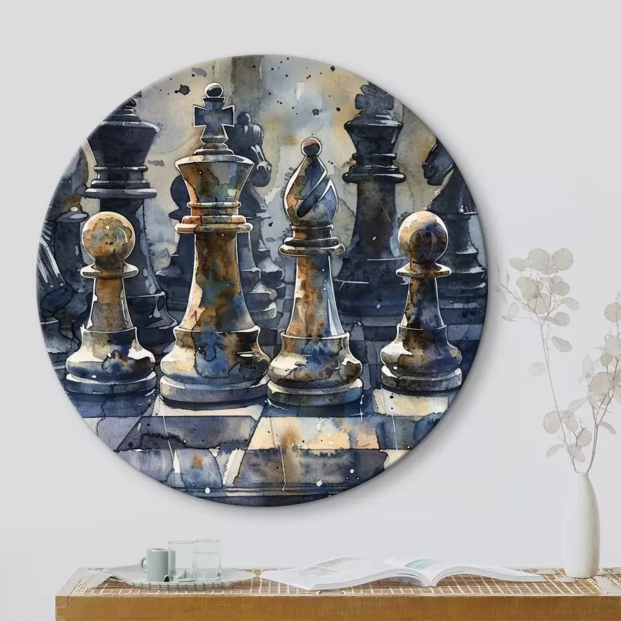 murales de pared Vista cercana de pintura acuarela de un ajedrez hecho de metal o piedra, con diseños y texturas detallados r38960