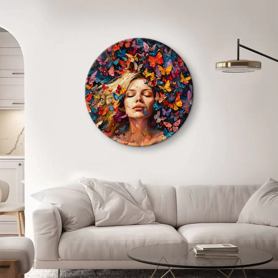 murales de pared Pintura al óleo de una mujer joven rodeada por un enjambre de mariposas de colores sobre un fondo oscuro r38972