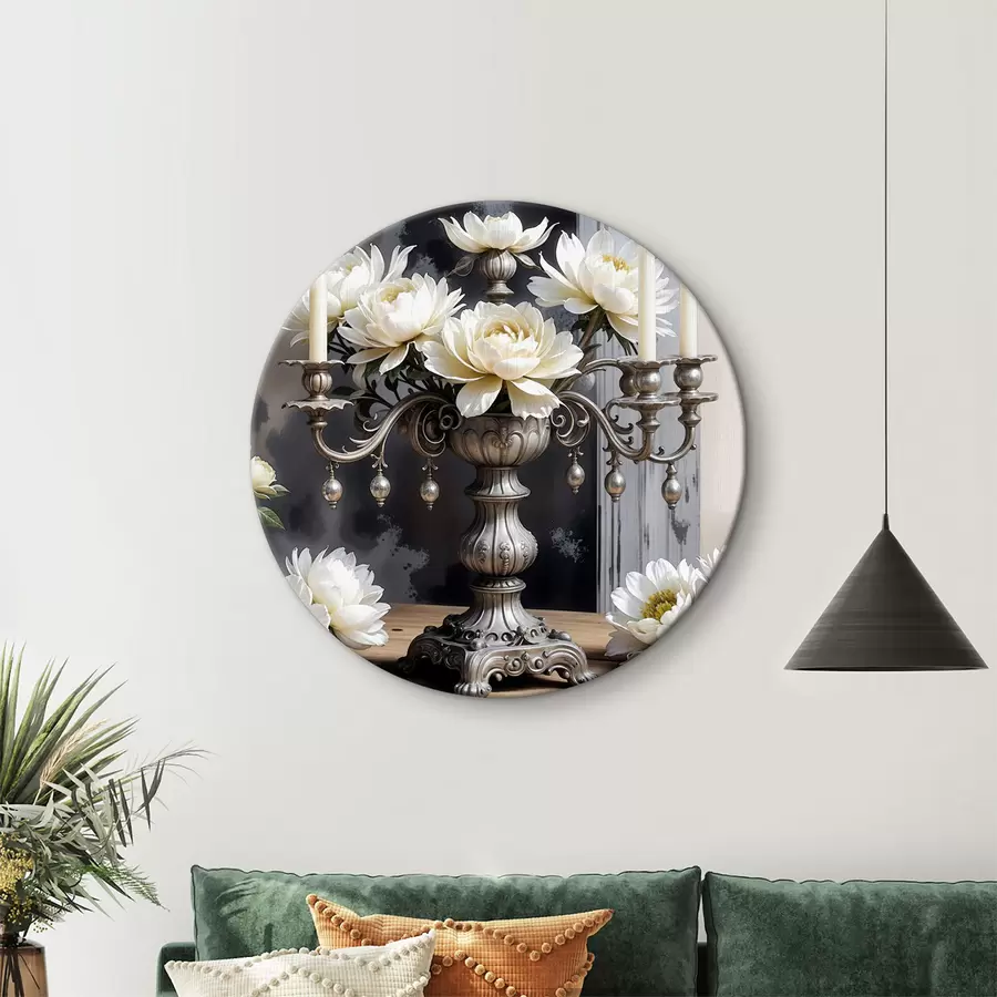 murales de pared Un ramo de grandes flores de dalia blanca en un florero plateado adornado, rodeado de velas encendidas sobre una mesa de madera r39384