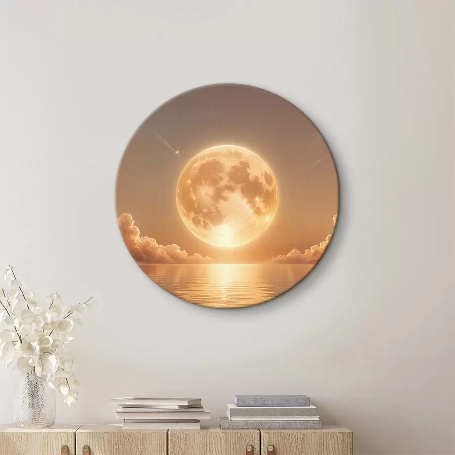 murales de pared Una luna llena grande y brillante que se eleva sobre un océano tranquilo y reflectante al atardecer r39403