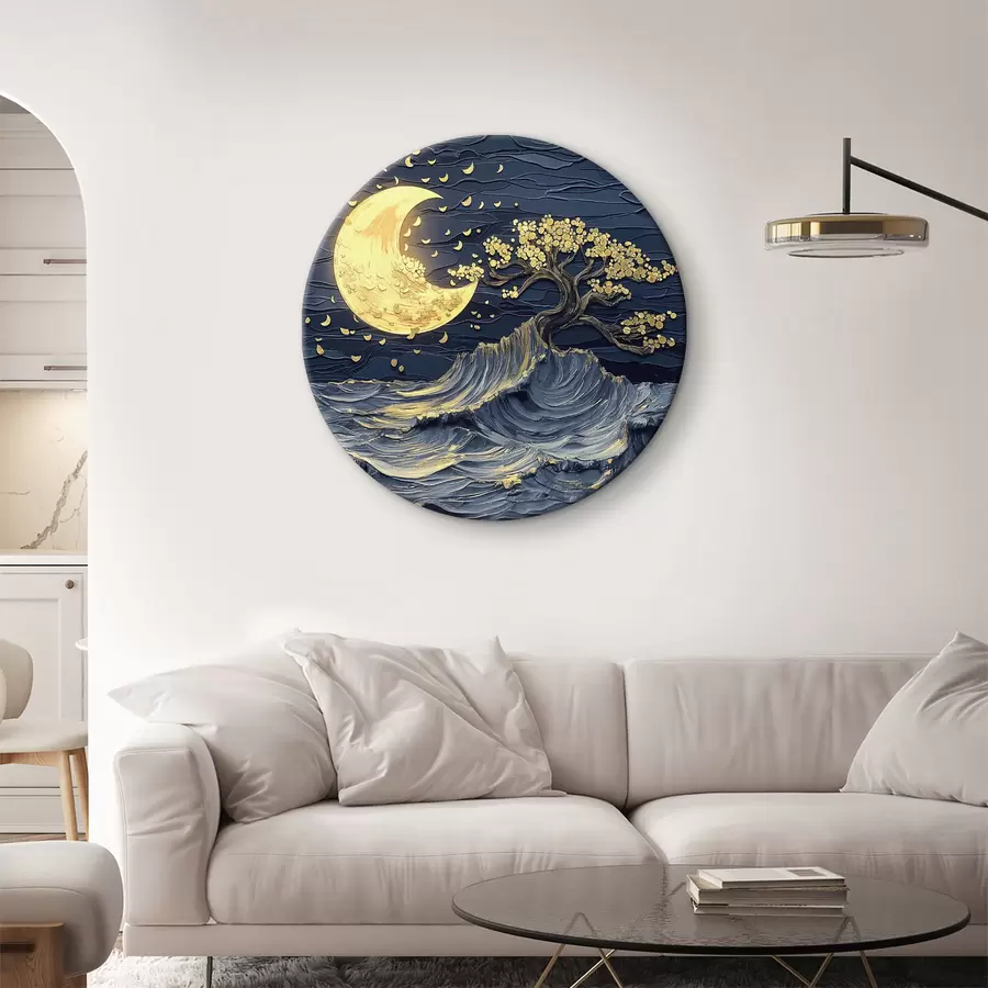 murales de pared Pintura acrílica: románticos paisajes marinos con hojas caídas y reflejos de luna r39449