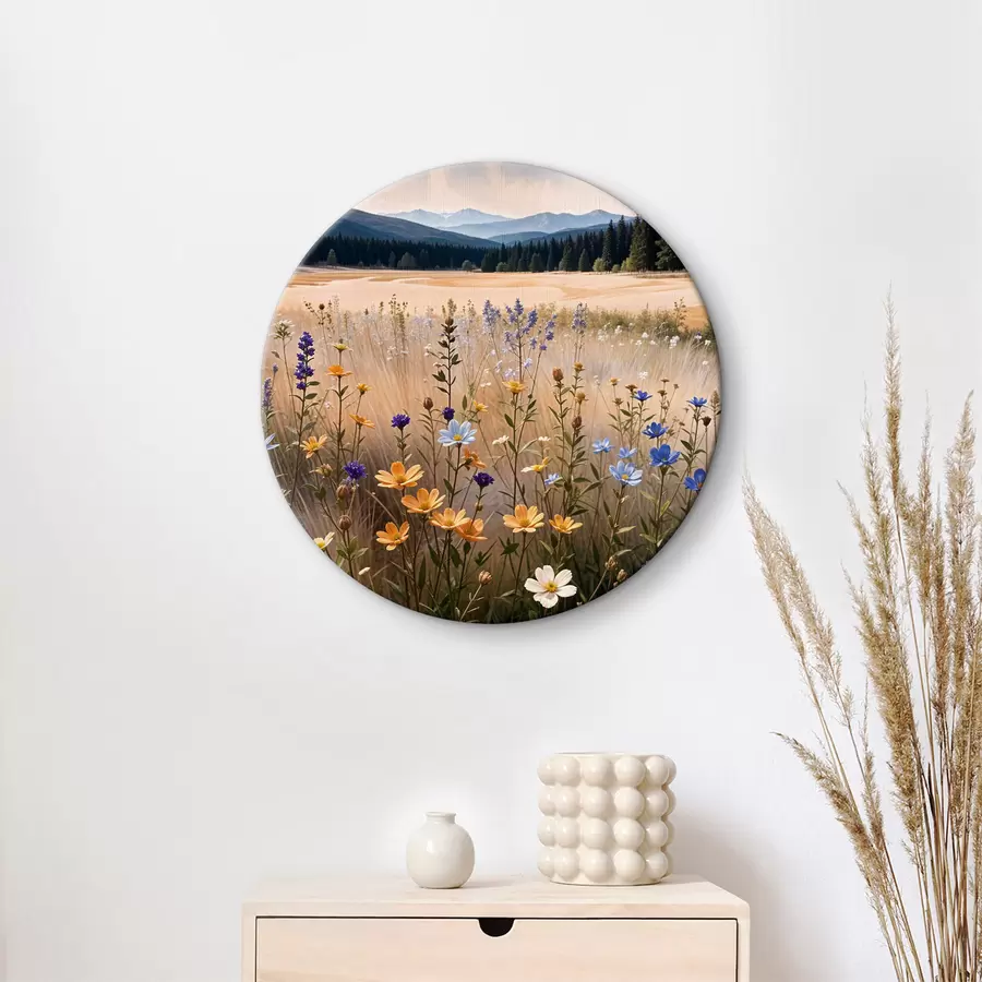 murales de pared Un campo de coloridas flores silvestres en primer plano, con un lago y montañas al fondo r39502