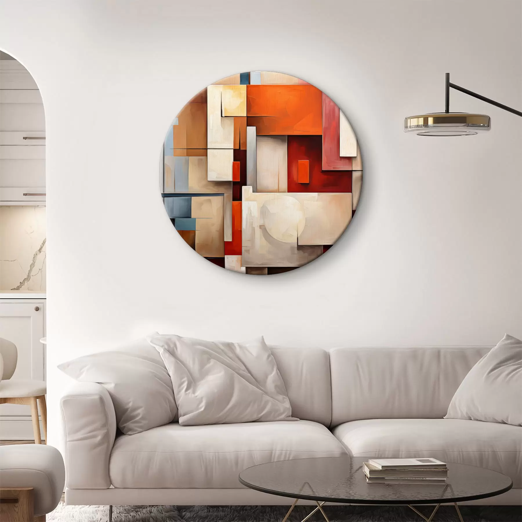murales de pared Abstracción en estilo cubismo, pintura al óleo, colores rojo, azul y blanco r39571
