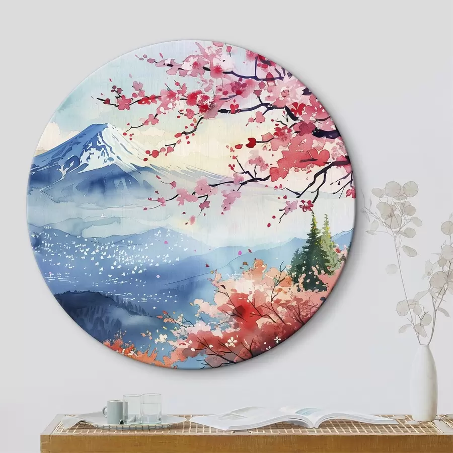 murales de pared Paisaje de montaña Fuji, naturaleza oriental, cerezos, puesta de sol r39775