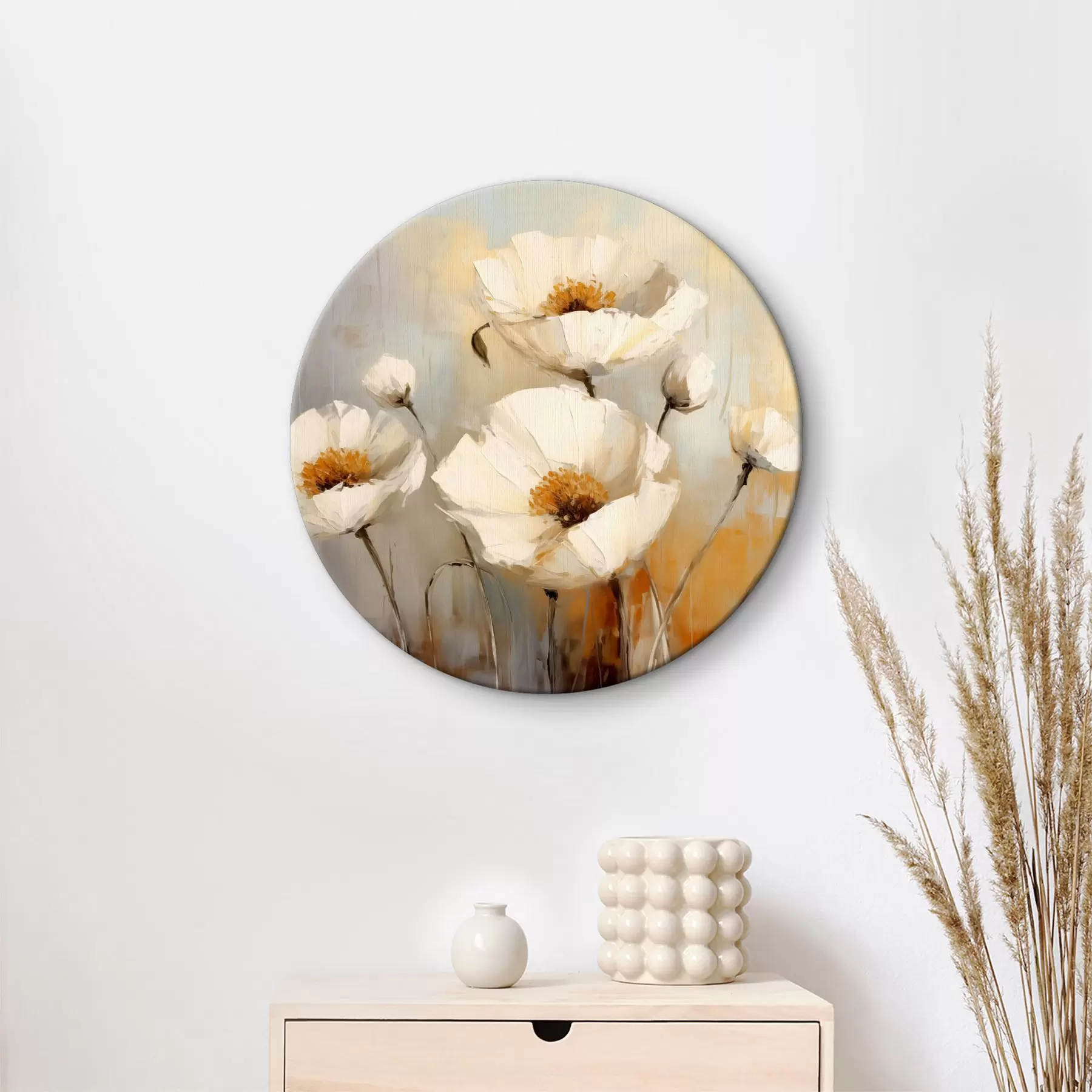 murales de pared Cuadro al óleo de amapolas blancas, color azul y naranja r39815