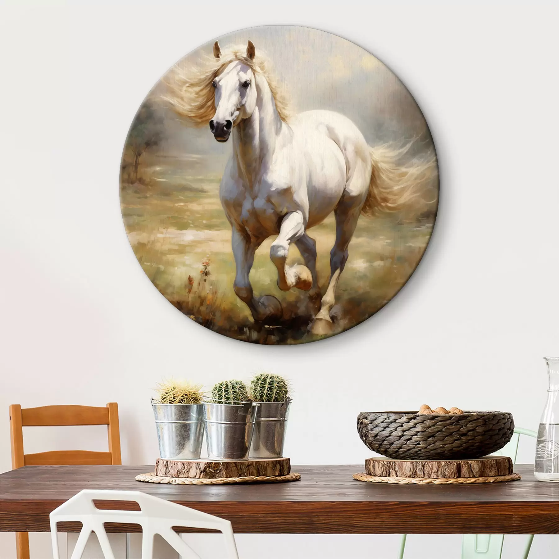 murales de pared Caballo blanco galopando por el cuadro al óleo del prado r39818