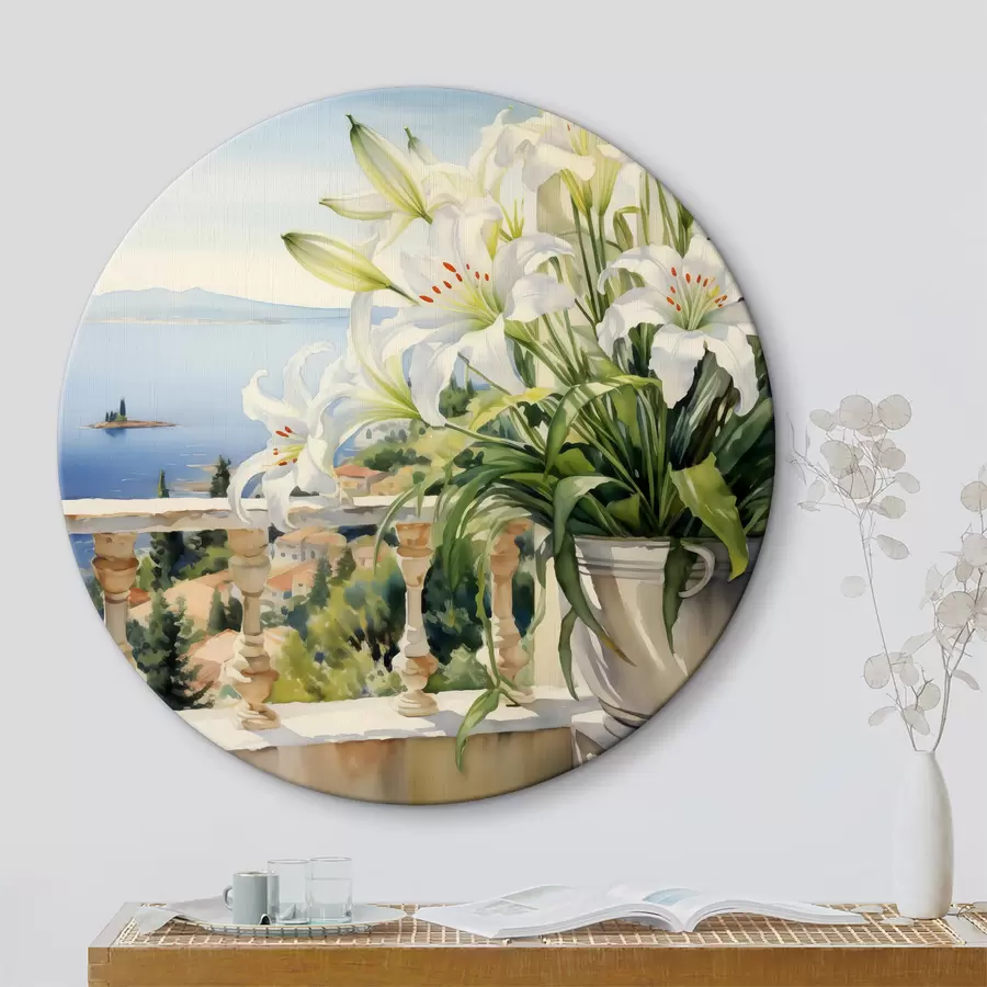 murales de pared Lirios blancos en una maceta en un balcón con el fondo de la bahía acuarela r39932