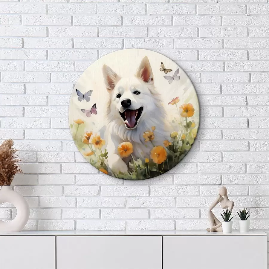 murales de pared Perro blanco sentado entre flores, mariposas volando acuarela r39936