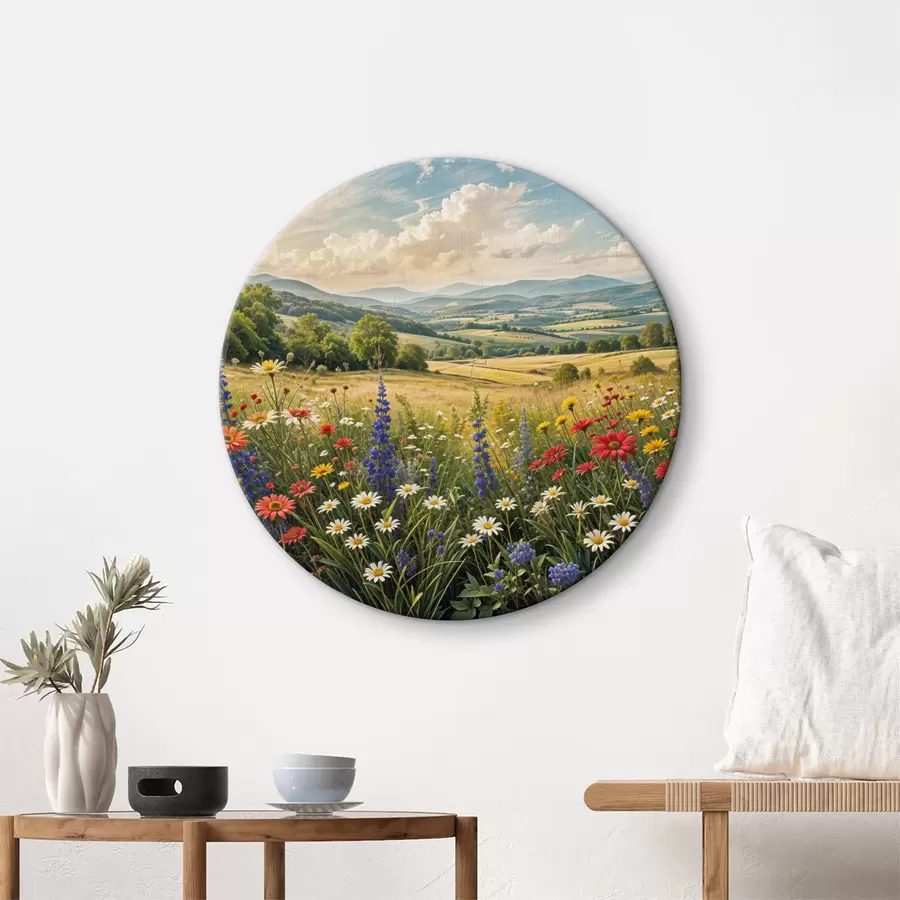 murales de pared Un exuberante paisaje rural con un prado de flores silvestres vibrantes y lleno de flores coloridas bajo un cielo nublado r40018