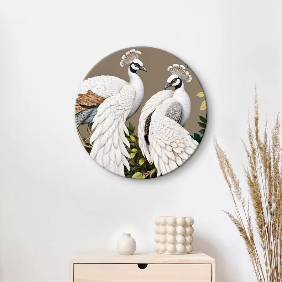 murales de pared Dos pavos reales blancos con plumas adornadas posados en una rama con flores r40022