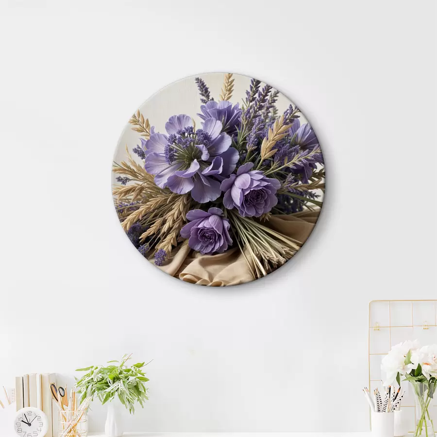murales de pared Un ramo de flores violetas, entre ellas peonías y lavanda, con tallos de trigo sobre un fondo claro r40030