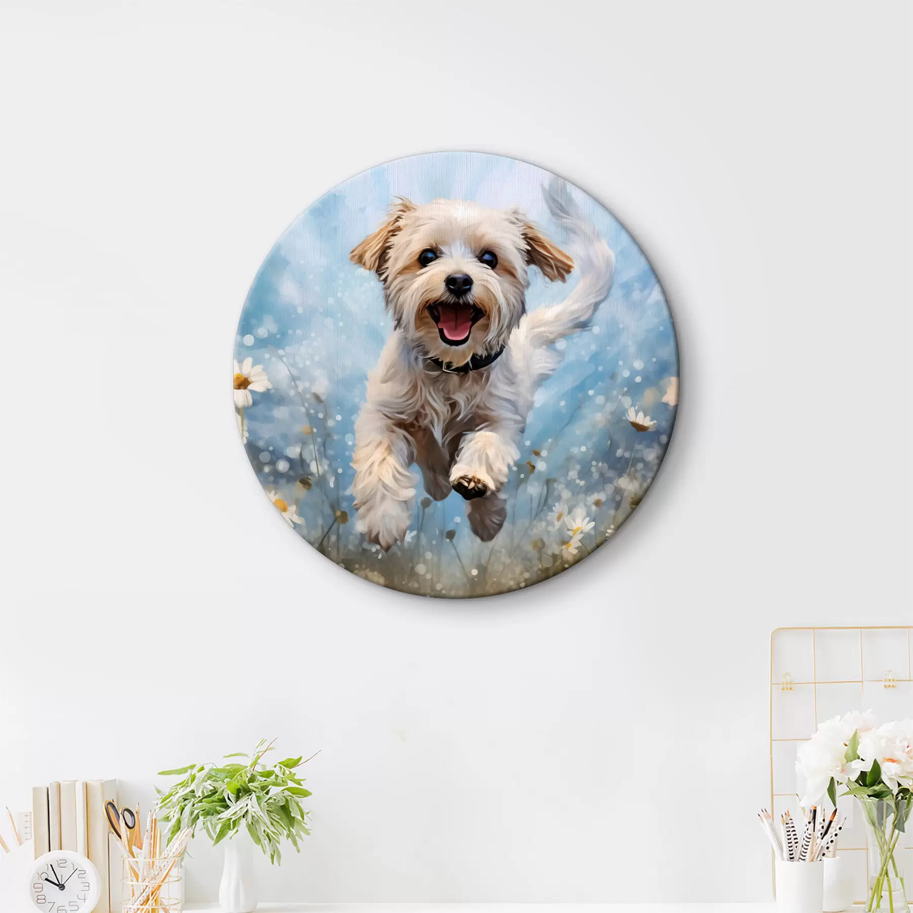 murales de pared Pequeño perro blanco saltando entre margaritas sobre un fondo azul acuarela r40092